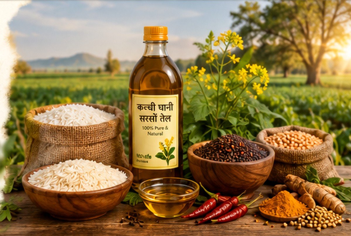 Organic farm products including rice, mustard oil, pulses and spices